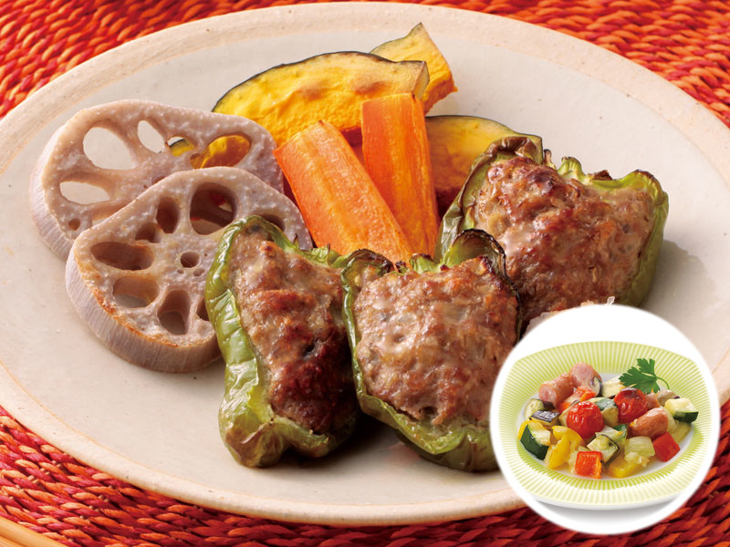 ピーマンの肉詰め＆彩り野菜のチーズ焼き｜COCORO KITCHEN：シャープ